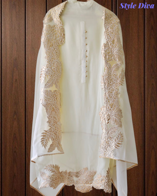 Designer Organza 3-Piece Unstitched Suit with Gotta Work & Scalloped Edges