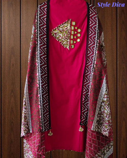 Cotton Applique Mirror Work Unstitched Suit with Printed Tassel Dupatta