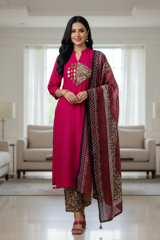 Cotton Applique Mirror Work Unstitched Suit with Printed Tassel Dupatta