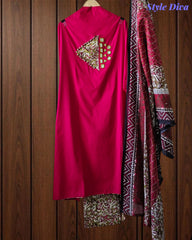 Cotton Applique Mirror Work Unstitched Suit with Printed Tassel Dupatta