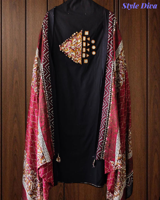 Cotton Applique Mirror Work Unstitched Suit with Printed Tassel Dupatta