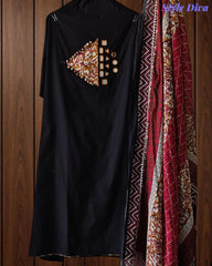 Cotton Applique Mirror Work Unstitched Suit with Printed Tassel Dupatta