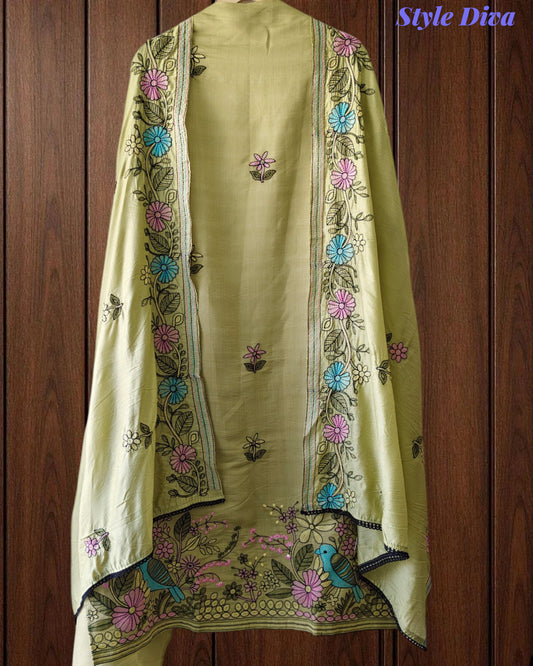 Mul Cotton Kantha Embroidery Unstitched Suit with Kantha Dupatta