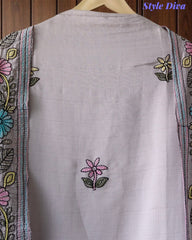 Mul Cotton Kantha Embroidery Unstitched Suit with Kantha Dupatta
