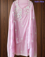 Mul Cotton Embroidered & Pearl Work Unstitched Suit with Embroidered Dupatta