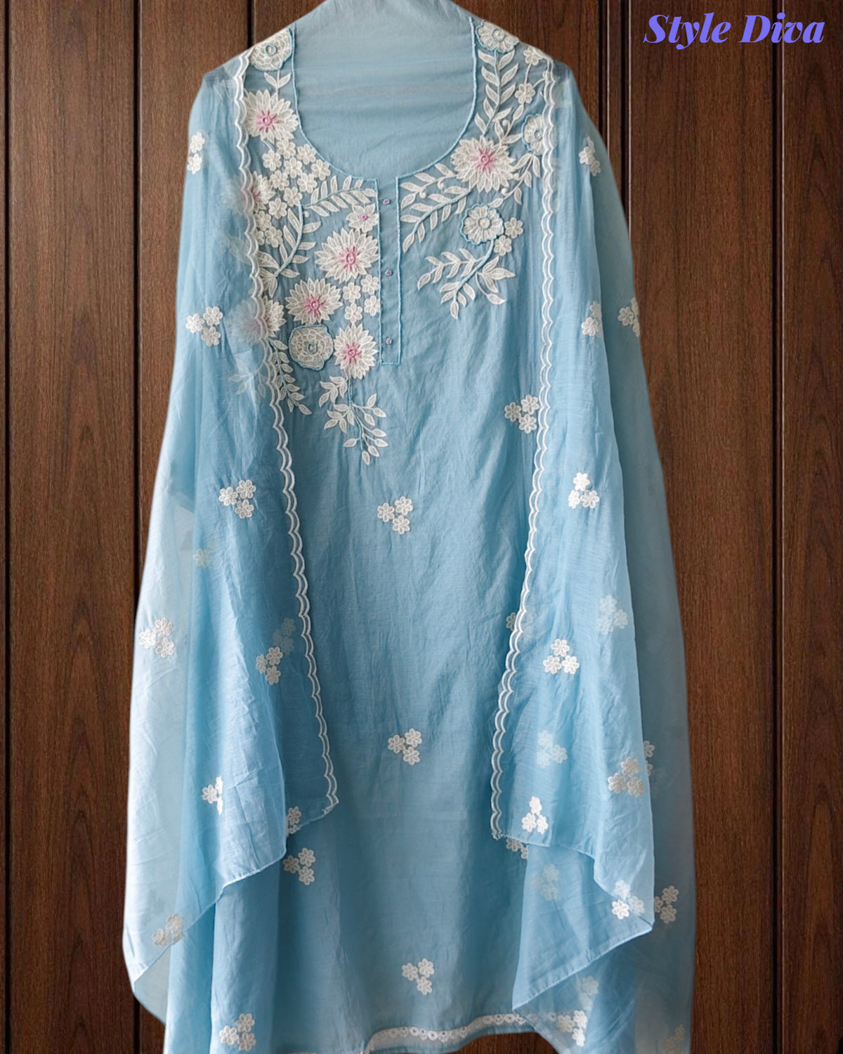 Mul Cotton Embroidered & Pearl Work Unstitched Suit with Embroidered Dupatta