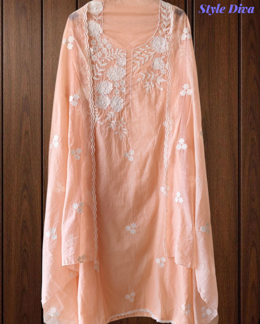 Mul Cotton Embroidered & Pearl Work Unstitched Suit with Embroidered Dupatta