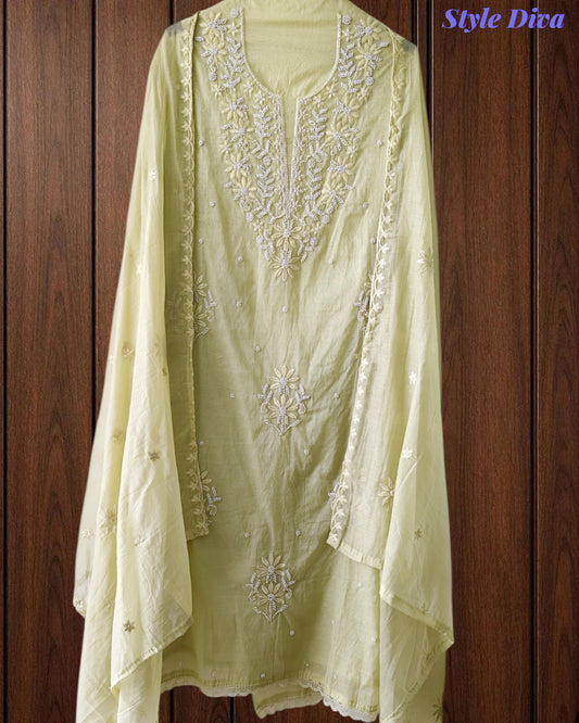 Mul Cotton Embroidered & Pearl Work Unstitched Suit with Embroidered Dupatta