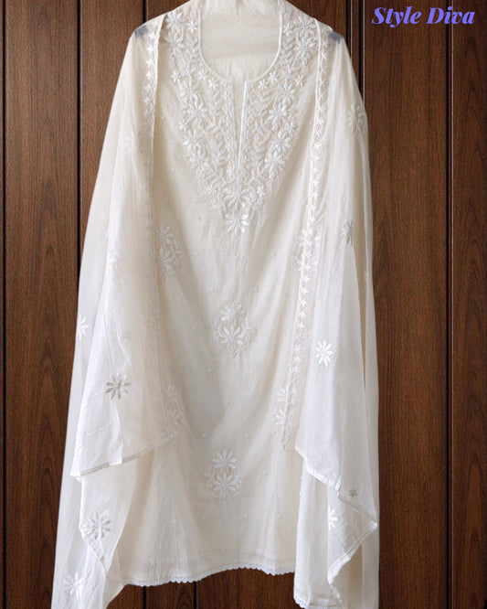 Mul Cotton Embroidered & Pearl Work Unstitched Suit with Embroidered Dupatta
