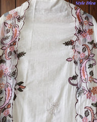 Mul Cotton Embroidered & Schiffli Work Unstitched Suit with Embroidered Dupatta
