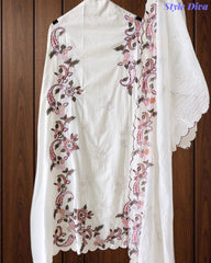 Mul Cotton Embroidered & Schiffli Work Unstitched Suit with Embroidered Dupatta