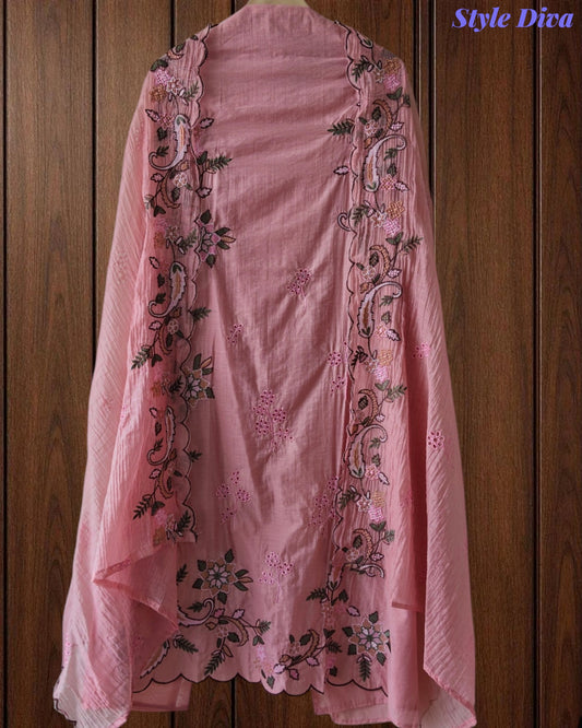 Mul Cotton Embroidered & Schiffli Work Unstitched Suit with Embroidered Dupatta