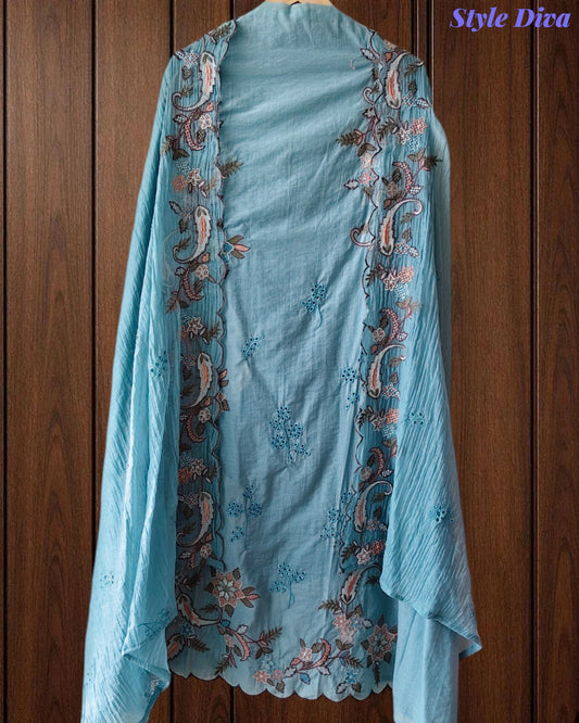 Mul Cotton Embroidered & Schiffli Work Unstitched Suit with Embroidered Dupatta