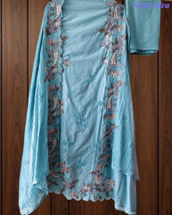 Mul Cotton Embroidered & Schiffli Work Unstitched Suit with Embroidered Dupatta