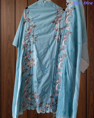 Mul Cotton Embroidered & Schiffli Work Unstitched Suit with Embroidered Dupatta