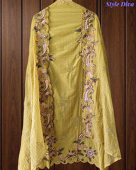 Mul Cotton Embroidered & Schiffli Work Unstitched Suit with Embroidered Dupatta