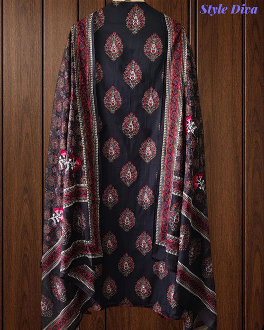 Pure Cotton Block Print Effect Unstitched Suit with Faux Mirror Highlighting & Embroidered Dupatta