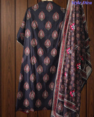 Pure Cotton Block Print Effect Unstitched Suit with Faux Mirror Highlighting & Embroidered Dupatta