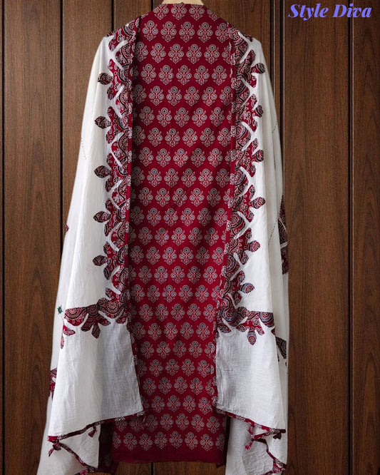 Cotton Printed Applique Work Unstitched Suit with Designer Applique Work Dupatta
