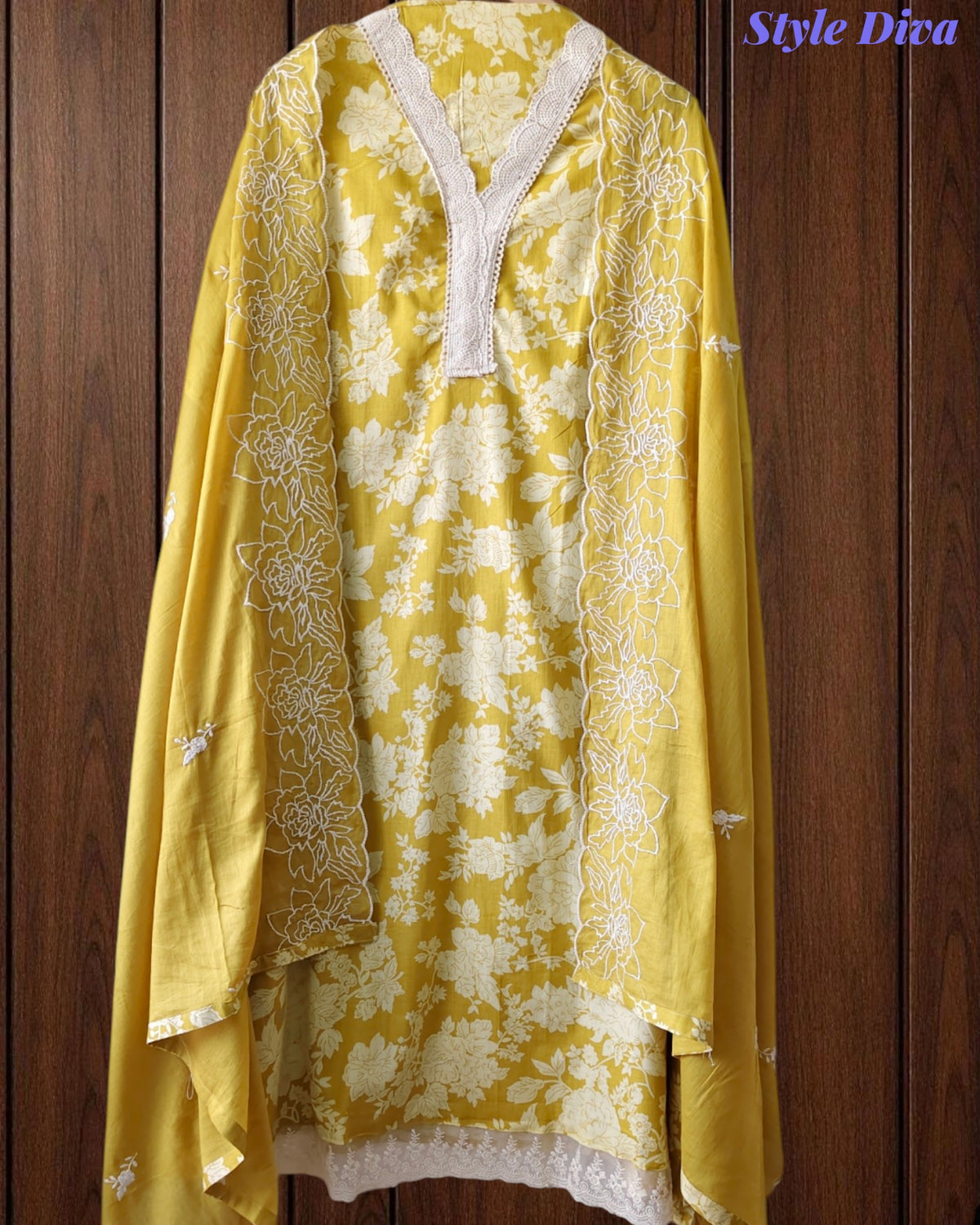 Pakistani Style Cotton Crochet Lace Unstitched Suit with Embroidered Scalloped Dupatta