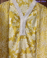 Pakistani Style Cotton Crochet Lace Unstitched Suit with Embroidered Scalloped Dupatta