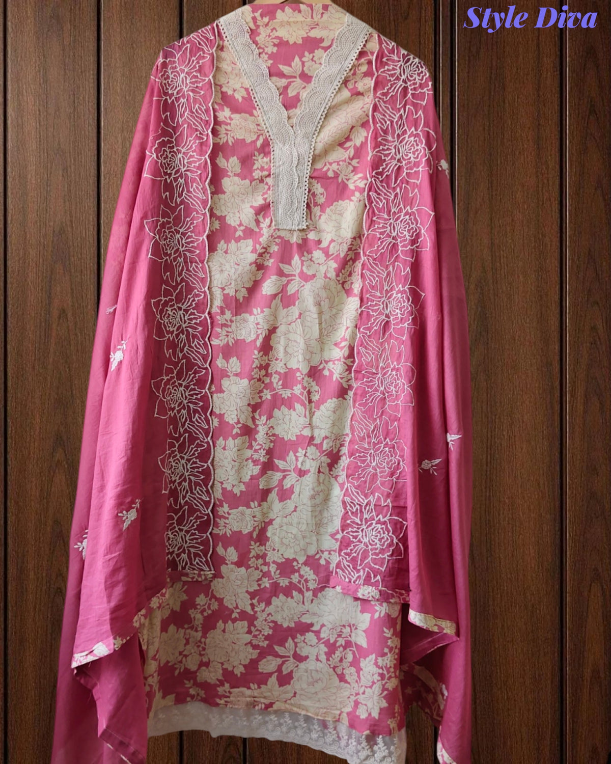 Pakistani Style Cotton Crochet Lace Unstitched Suit with Embroidered Scalloped Dupatta