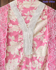 Pakistani Style Cotton Crochet Lace Unstitched Suit with Embroidered Scalloped Dupatta