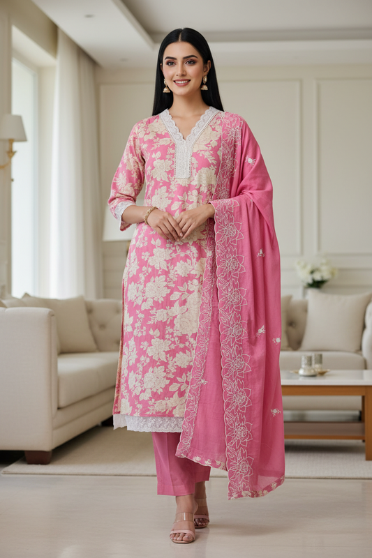 Pakistani Style Cotton Crochet Lace Unstitched Suit with Embroidered Scalloped Dupatta