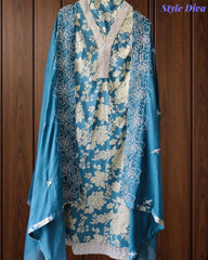 Pakistani Style Cotton Crochet Lace Unstitched Suit with Embroidered Scalloped Dupatta