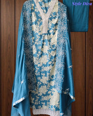 Pakistani Style Cotton Crochet Lace Unstitched Suit with Embroidered Scalloped Dupatta