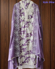 Pakistani Style Cotton Crochet Lace Unstitched Suit with Embroidered Scalloped Dupatta