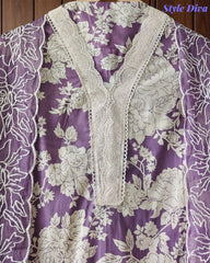 Pakistani Style Cotton Crochet Lace Unstitched Suit with Embroidered Scalloped Dupatta