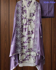 Pakistani Style Cotton Crochet Lace Unstitched Suit with Embroidered Scalloped Dupatta