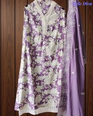 Pakistani Style Cotton Crochet Lace Unstitched Suit with Embroidered Scalloped Dupatta