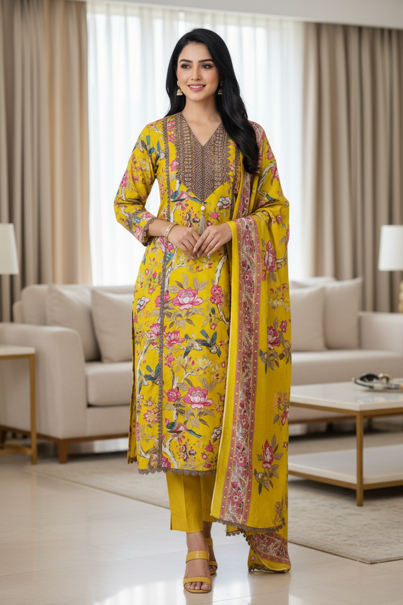 Pure Cotton Digital Print Unstitched Suit with Crochet Lace Dupatta