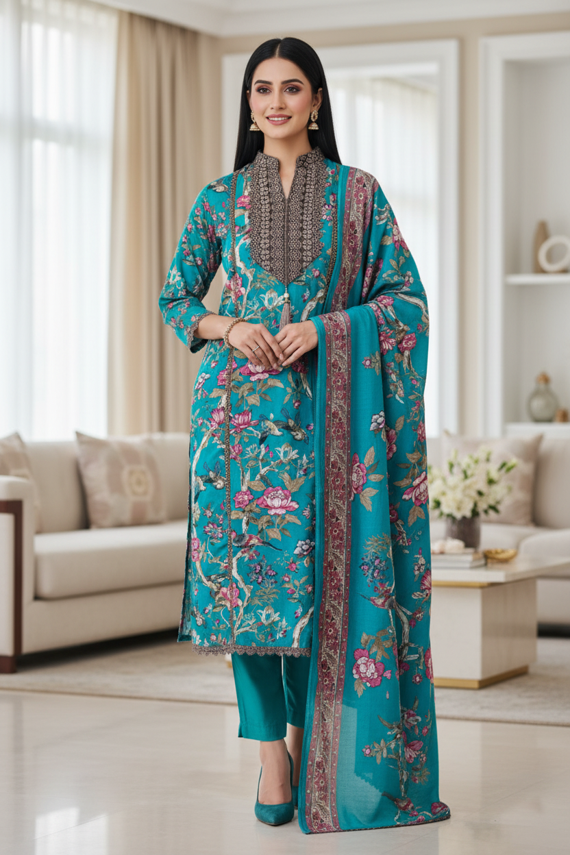 Pure Cotton Digital Print Unstitched Suit with Crochet Lace Dupatta