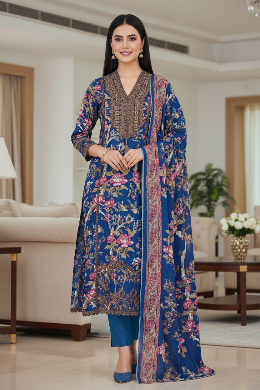 Pure Cotton Digital Print Unstitched Suit with Crochet Lace Dupatta