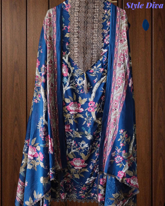 Pure Cotton Digital Print Unstitched Suit with Crochet Lace Dupatta