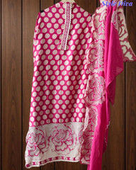 Pure Cotton Polka Dot Applique Work Unstitched Suit with Scalloped Embroidery Dupatta