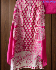 Pure Cotton Polka Dot Applique Work Unstitched Suit with Scalloped Embroidery Dupatta