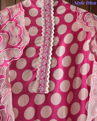 Pure Cotton Polka Dot Applique Work Unstitched Suit with Scalloped Embroidery Dupatta