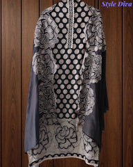 Pure Cotton Polka Dot Applique Work Unstitched Suit with Scalloped Embroidery Dupatta