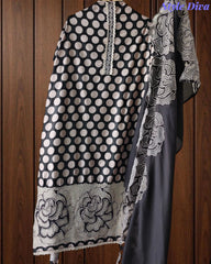 Pure Cotton Polka Dot Applique Work Unstitched Suit with Scalloped Embroidery Dupatta