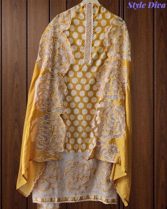 Pure Cotton Polka Dot Applique Work Unstitched Suit with Scalloped Embroidery Dupatta