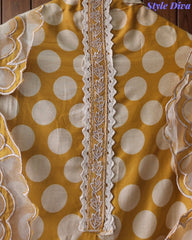 Pure Cotton Polka Dot Applique Work Unstitched Suit with Scalloped Embroidery Dupatta