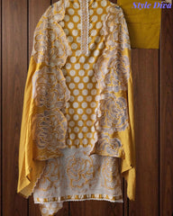 Pure Cotton Polka Dot Applique Work Unstitched Suit with Scalloped Embroidery Dupatta