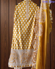 Pure Cotton Polka Dot Applique Work Unstitched Suit with Scalloped Embroidery Dupatta