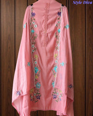 Mul Cotton Embroidered Unstitched Suit With Crochet Lacing & Colorful Scalloped Dupatta