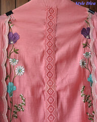 Mul Cotton Embroidered Unstitched Suit With Crochet Lacing & Colorful Scalloped Dupatta