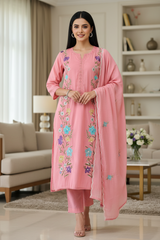 Mul Cotton Embroidered Unstitched Suit With Crochet Lacing & Colorful Scalloped Dupatta